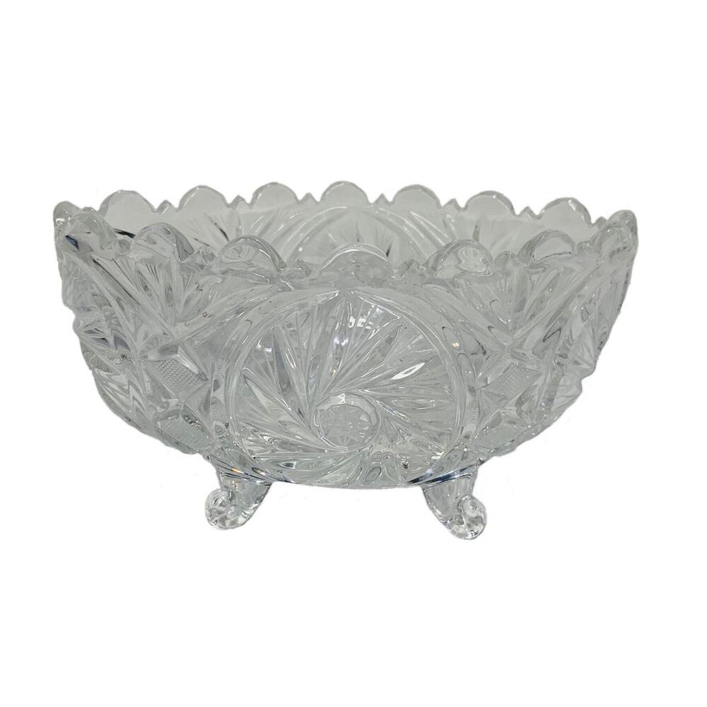 Vintage Candy Holder Sawtooth Crystal 7" Oval Diamond Cut Pinwheel Glass W/ Feet
